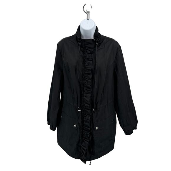 Style & Co. Zip Up Parka Jacket WMN 14 Black Ruffle Long Sleeve Windbreaker Coat - Picture 1 of 5